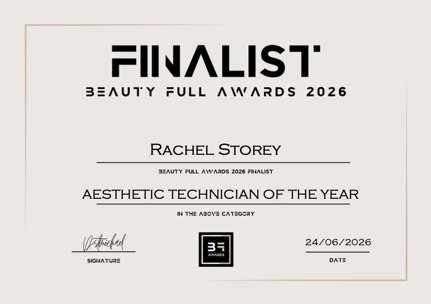 Named 2026 Aesthetic Technician of the Year finalist certificate for Rachel Storey from the Beauty Full Awards