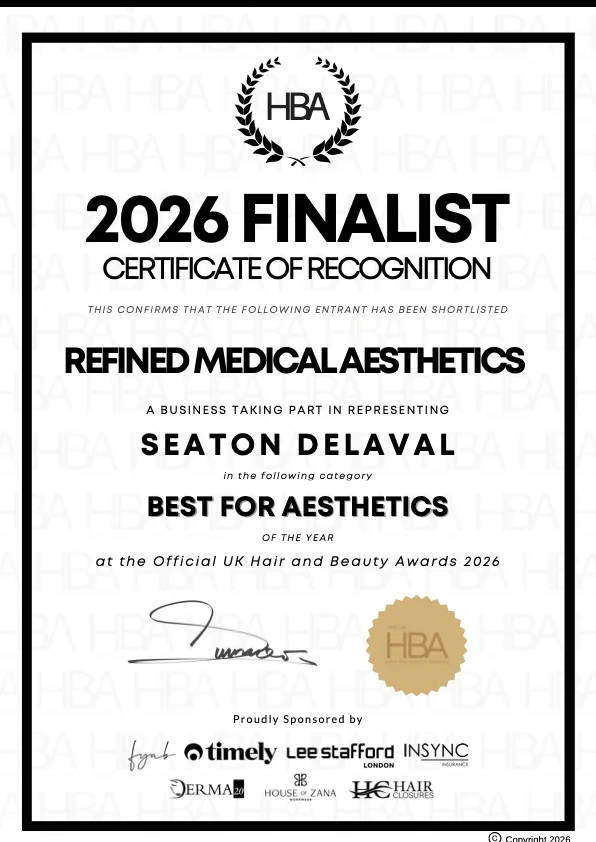 Named 2026 finalist certificate for Refined Medical Aesthetics from the UK Hair and Beauty Awards